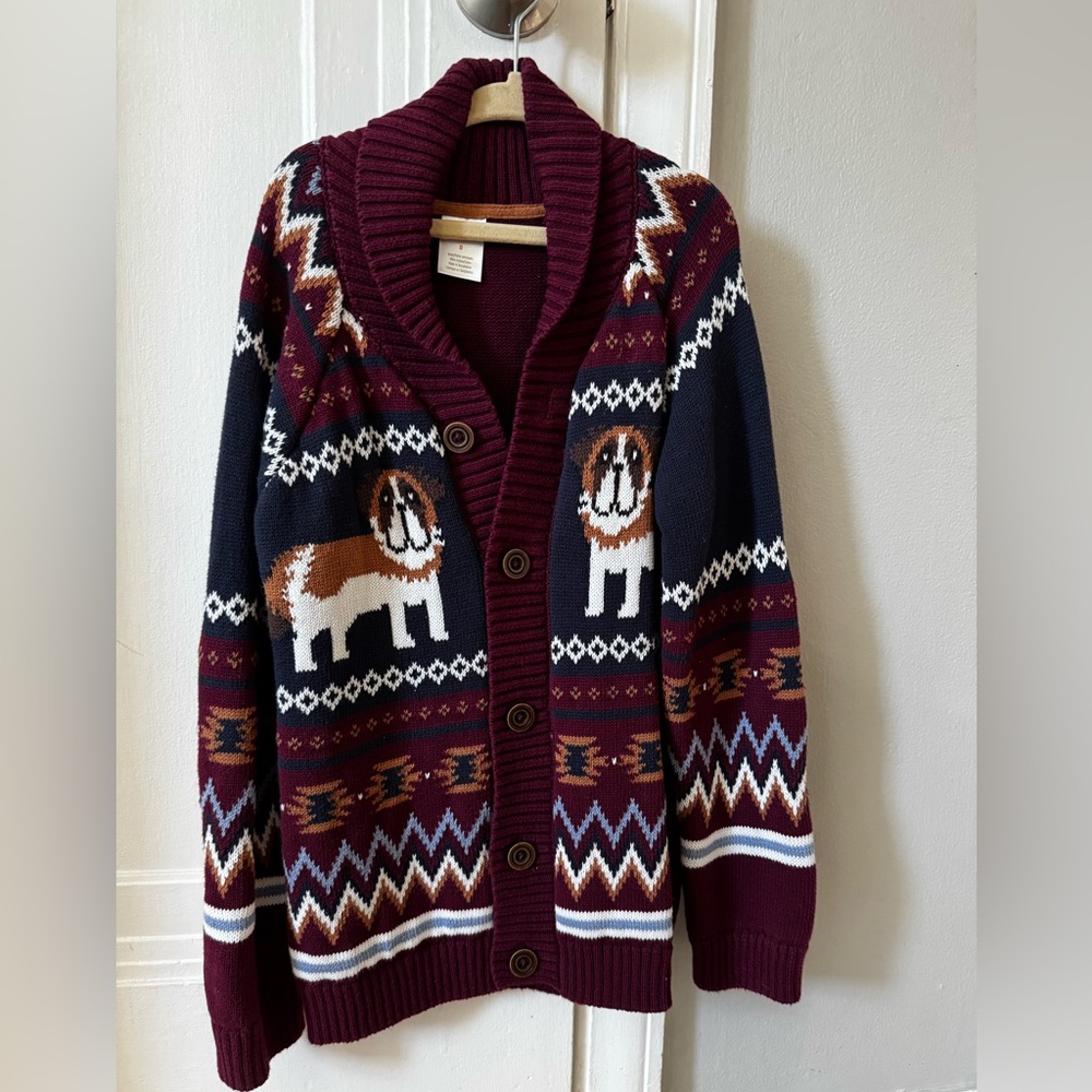 Gymboree Maroon and Navy Fair Isle Shawl Cardigan with Dog Motif